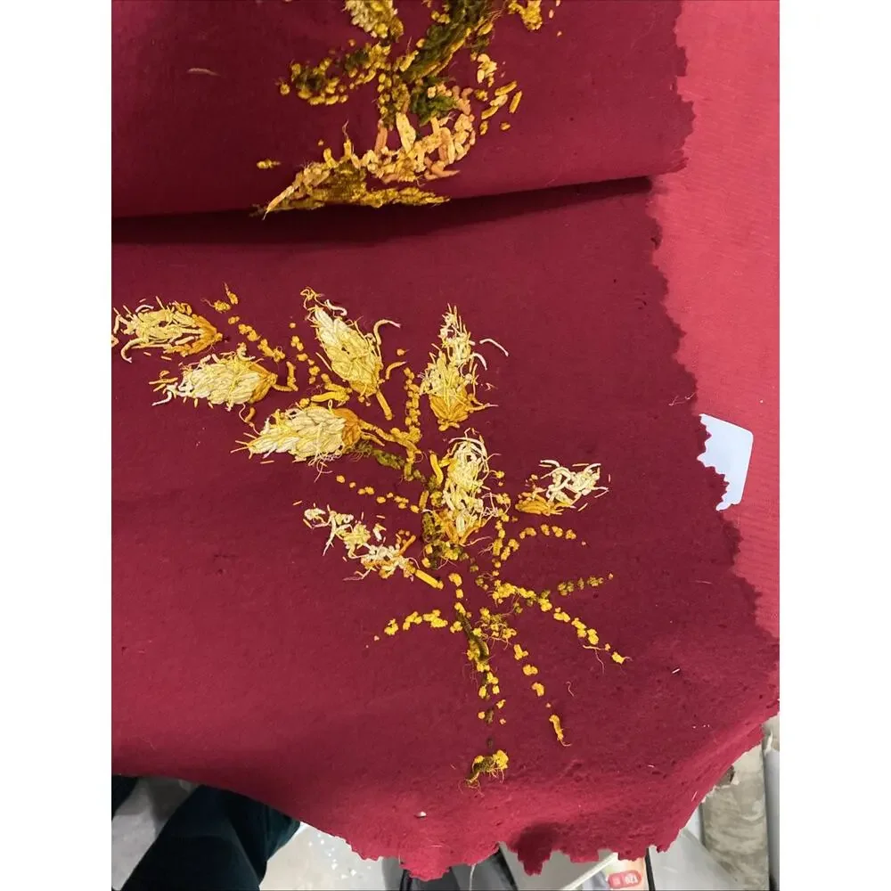 Antique Handmade In 1886-Red Felt With Yellow Flowers Table Runner 14”X 64”